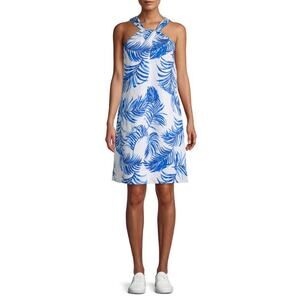 TOMMY BAHAMA Fuller Fronds A-Line Halter Neck Dress Linen Blend Cobalt Sea sz M
